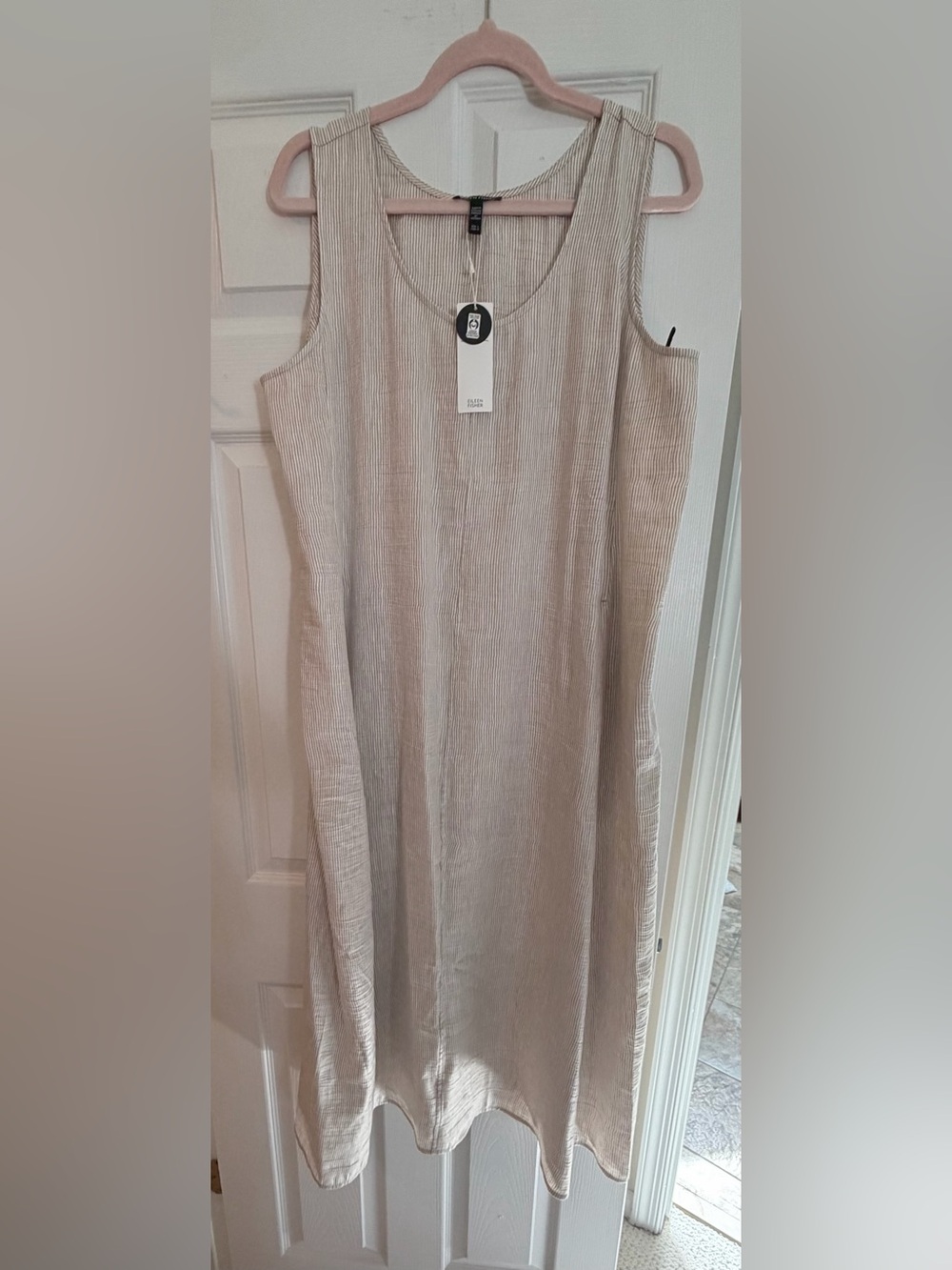Eileen Fisher Beige Sleeveless Linen-Blend Shift Dress